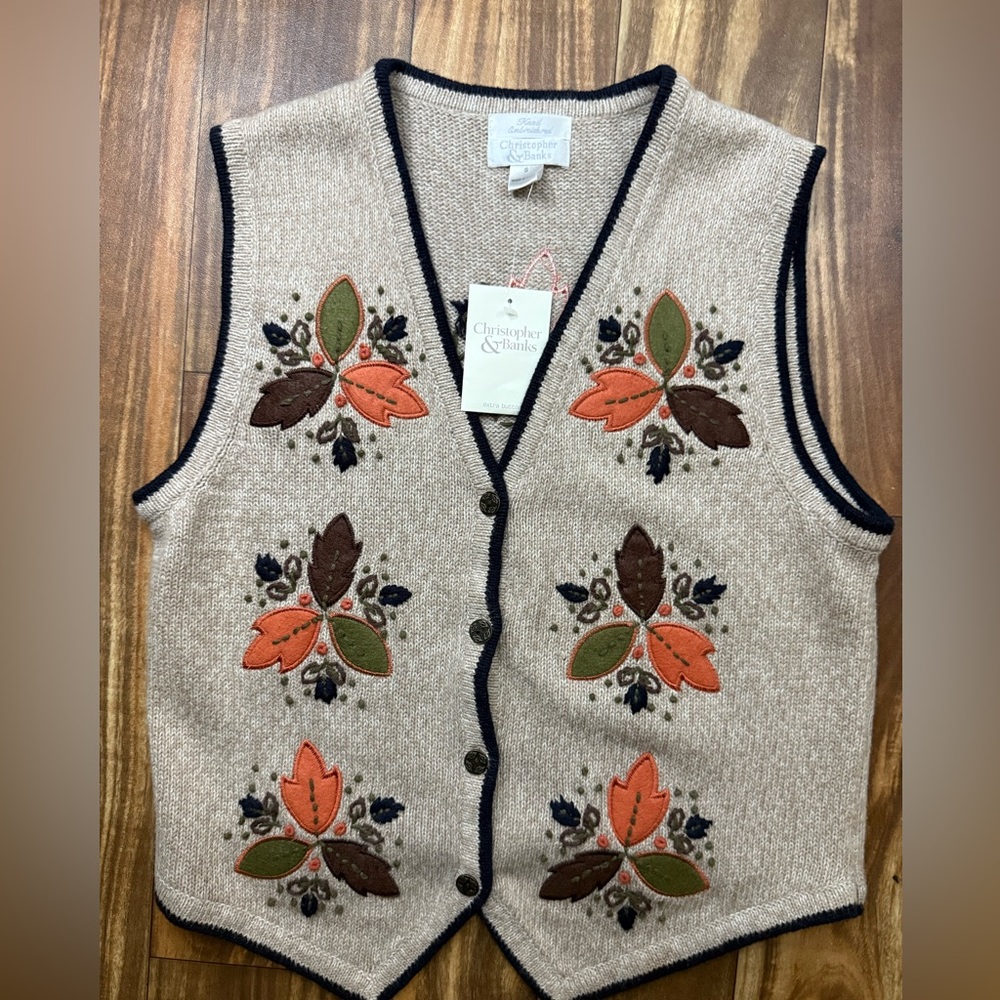 Christopher & Banks Beige Floral Sweater Vest
